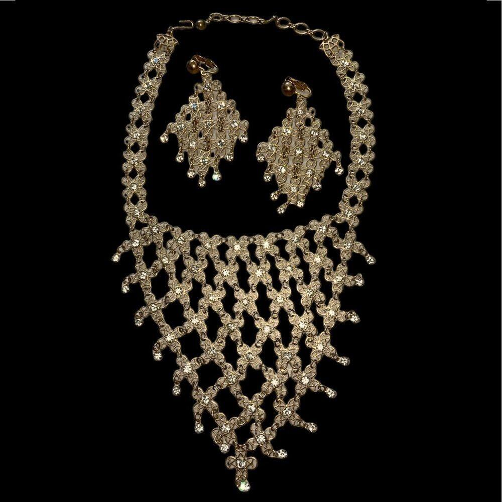 Filigree & Rhinestone Vintage Cascading Necklace with Clip-on Matching Earrings